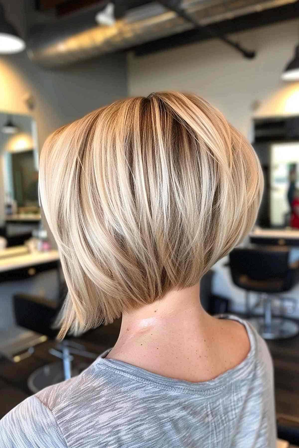 Choppy graduated bob hairstyle with soft blonde highlights and a gently tapered nape.