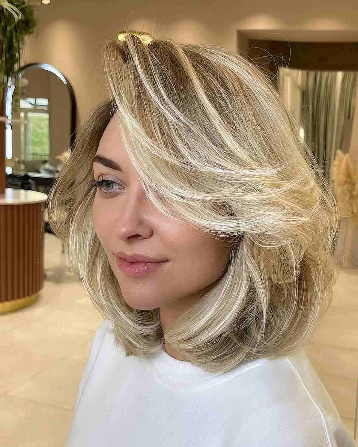 Feathered Blonde Bob with a Deep Side Part