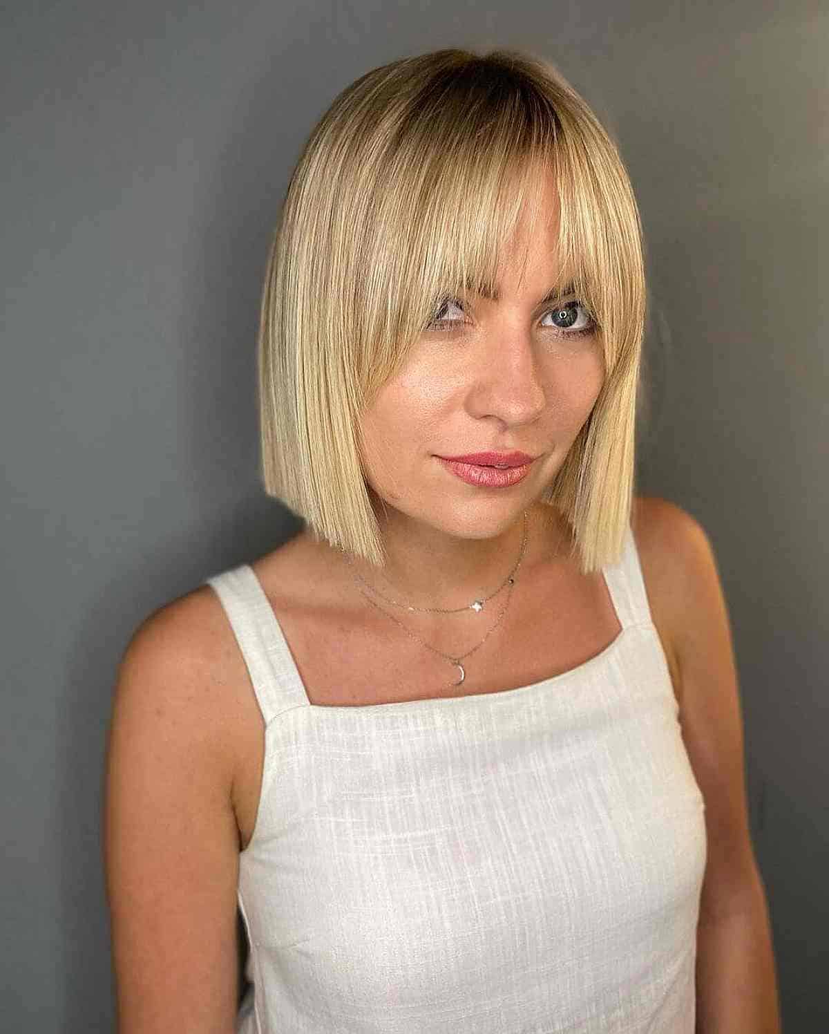 Jaw-Length Blonde Blunt Cut with Bangs