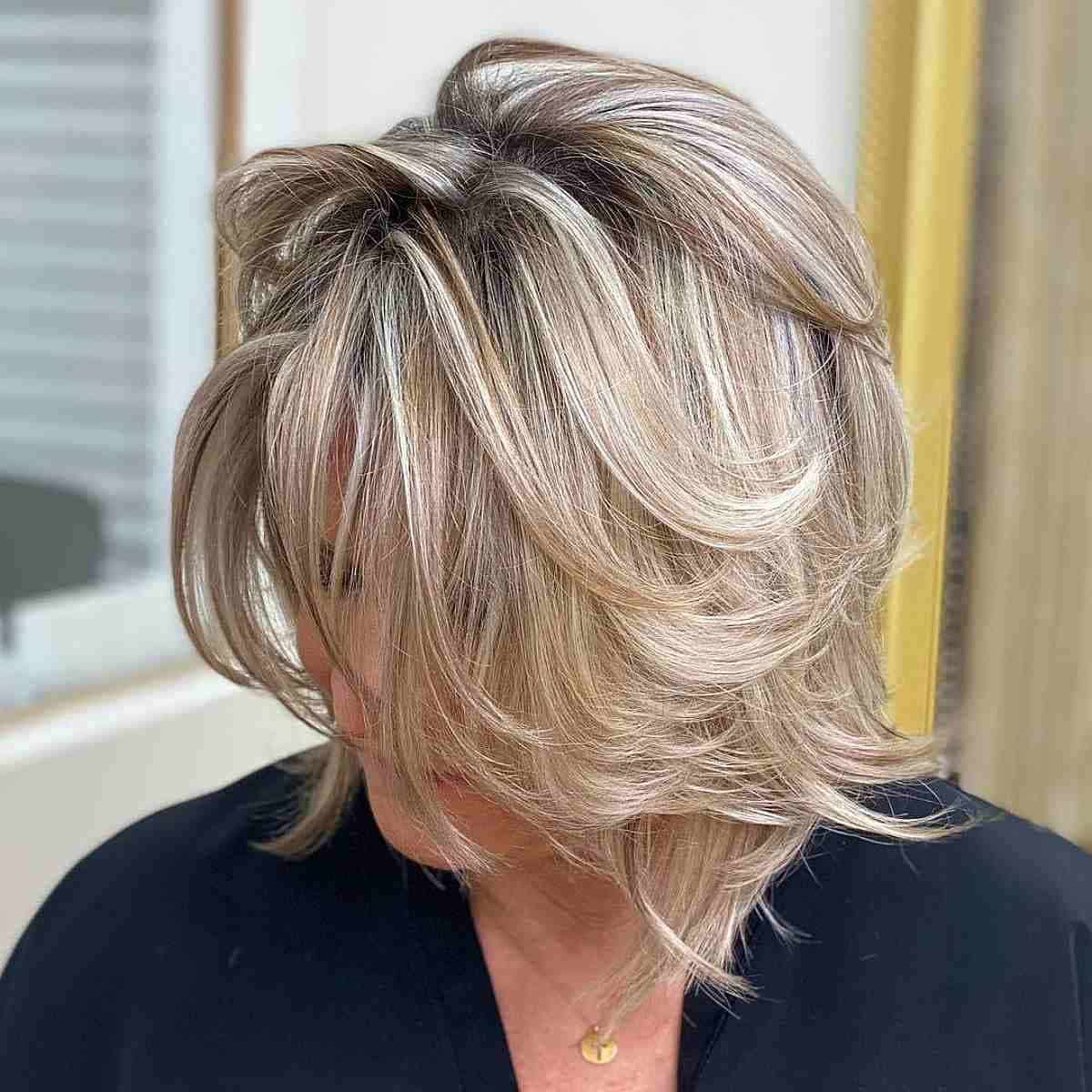 Layered and Messy Bob with Highlights and Dark Shadow Roots