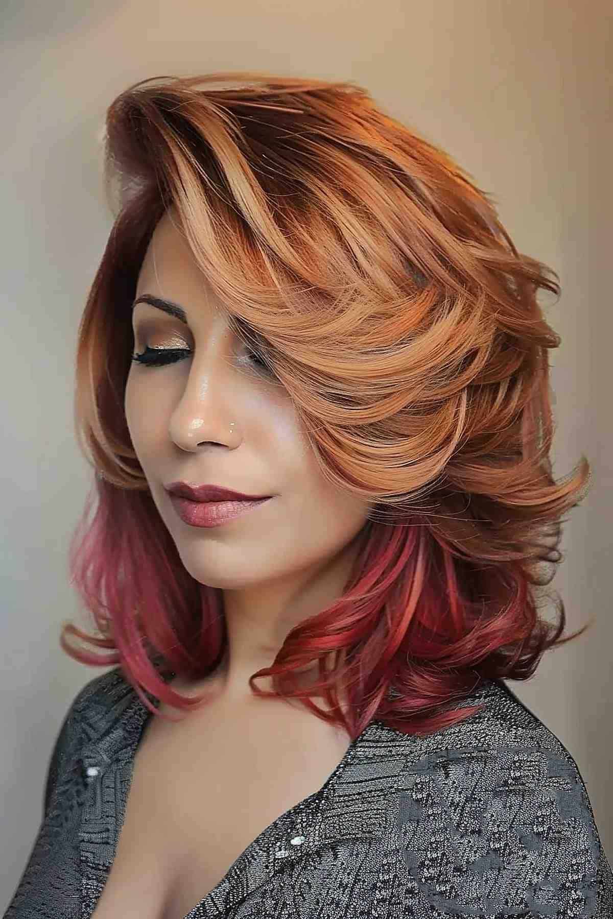 Lovely feathered hair cut with copper and pink layers for medium-length hair.