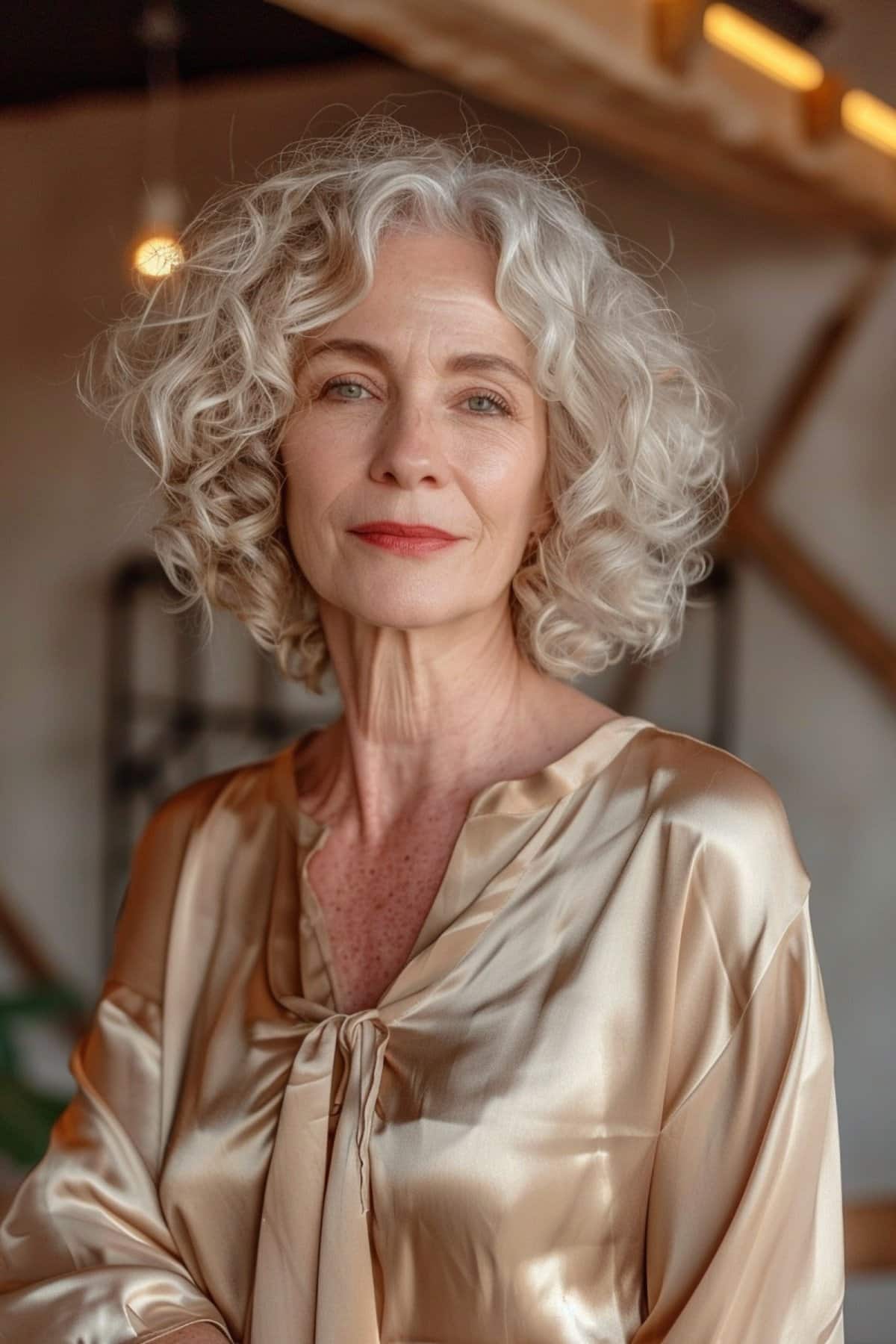Mature woman with elegant silver wavy bob hairstyle