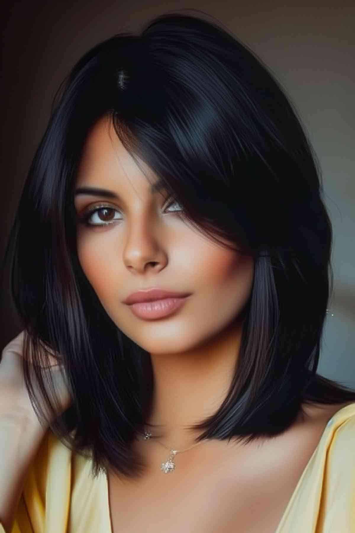 Medium Layered Jet Black Hair on Woman with Oval Face
