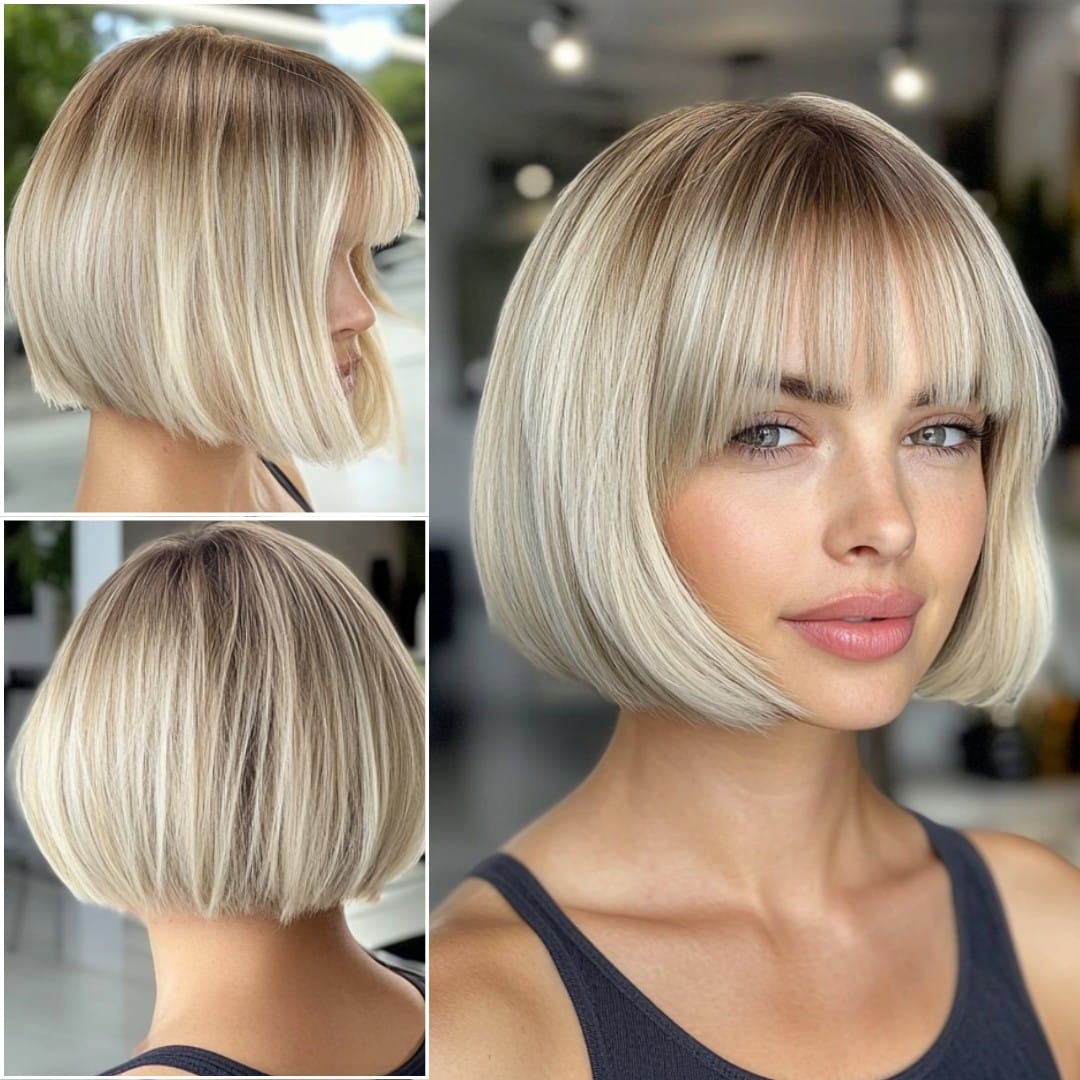 soft Blonde Bob with Wispy Bangs and Root Shadow