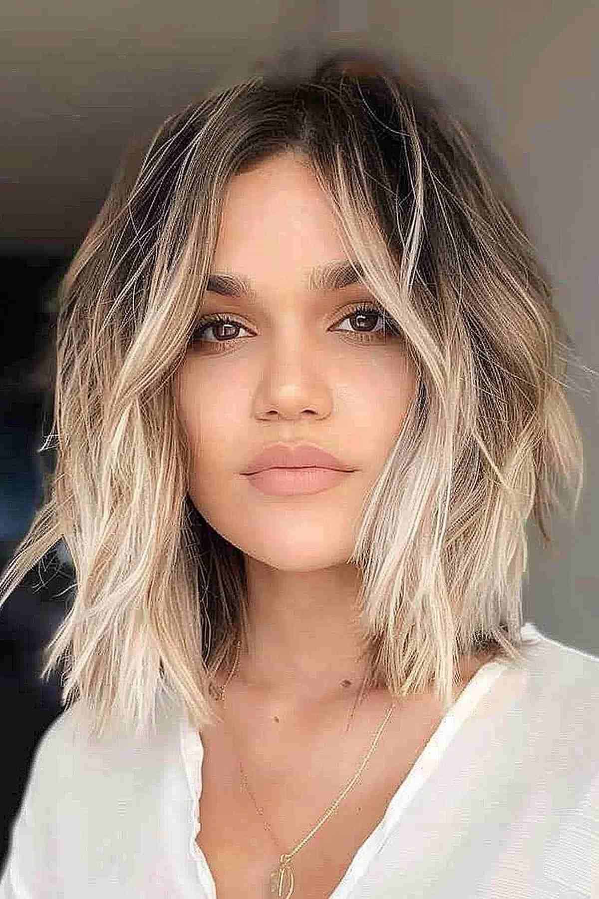 Woman with a choppy layered lob featuring brunette to blonde balayage