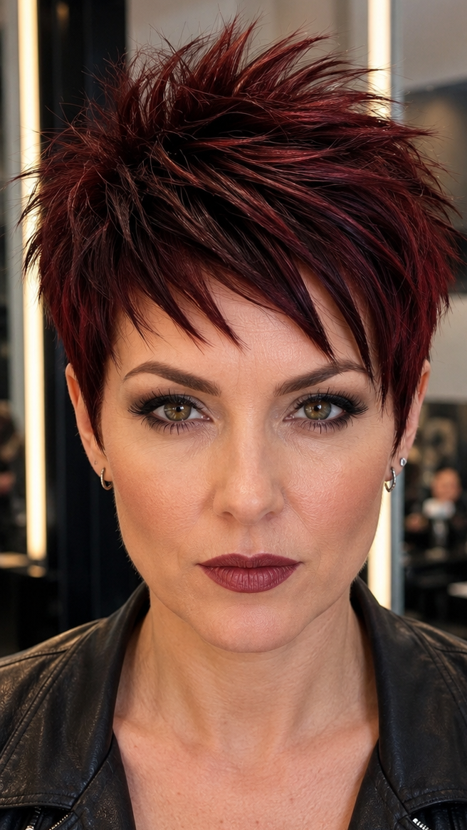 58 Modern Pixie Cut with Bangs for a Face-Framing Effect Mulled Wine Garnet Hair