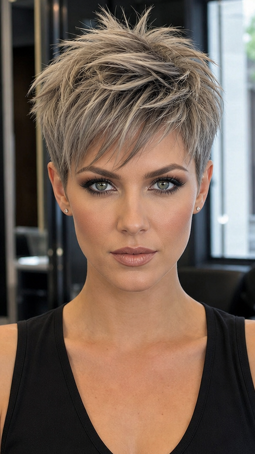 58 Modern Pixie Cut with Bangs for a Face-Framing Effect Smoky Silver Mushroom Hair