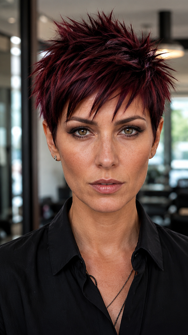 58 Modern Pixie Cut with Bangs for a Face-Framing Effect Crimson Black Cherry Hair
