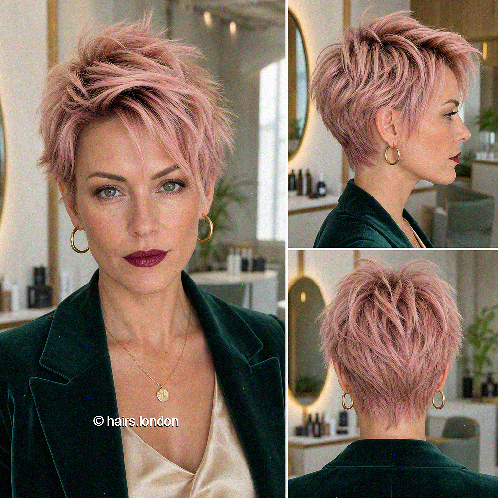 63 Modern Pixie Cut with Bangs for a Face-Framing Effect Dusty Rose Pink Hair