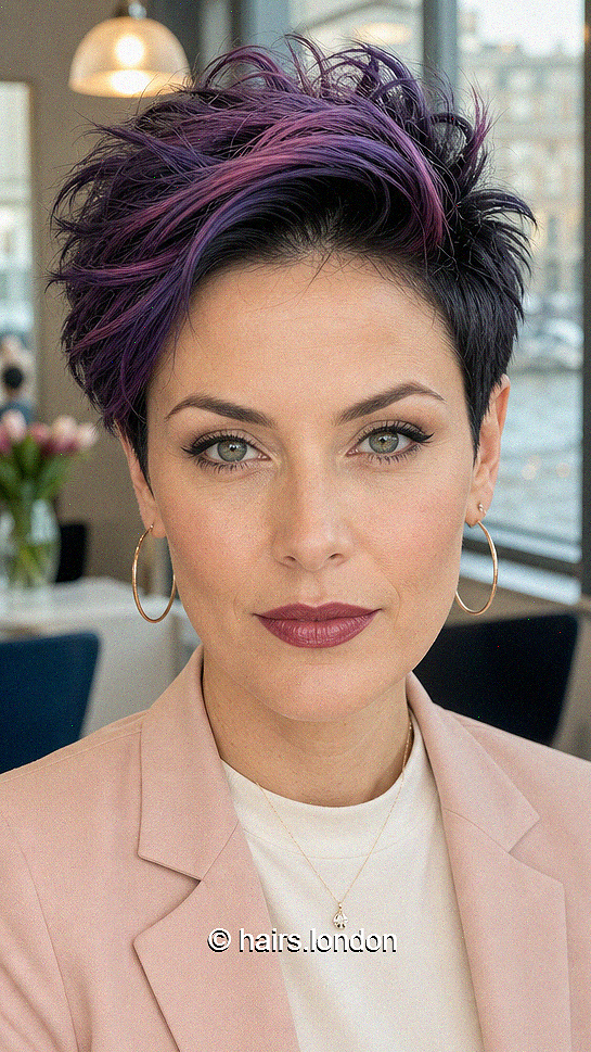 63 Modern Pixie Cut with Bangs for a Face-Framing Effect Amethyst Violet Noir Hair