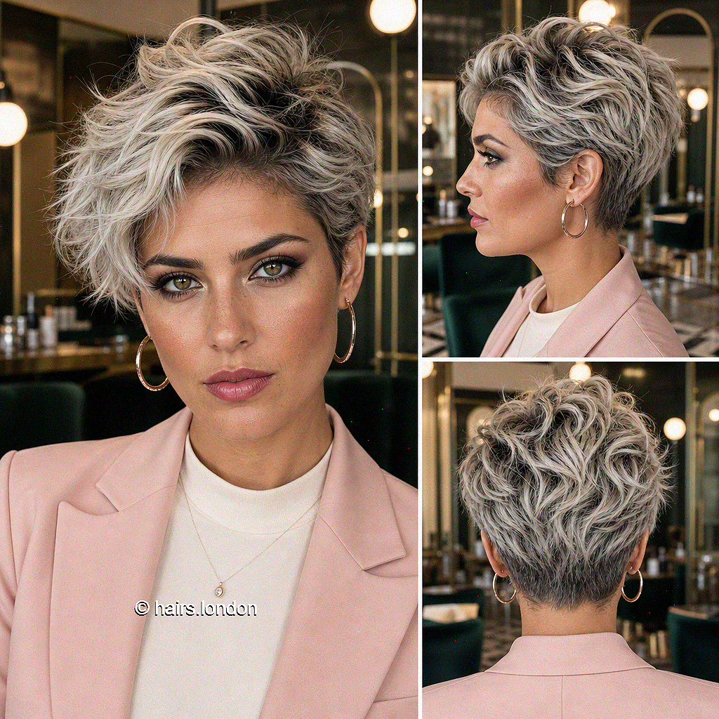 63 Modern Pixie Cut with Bangs for a Face-Framing Effect Champagne Ash Blonde Hair