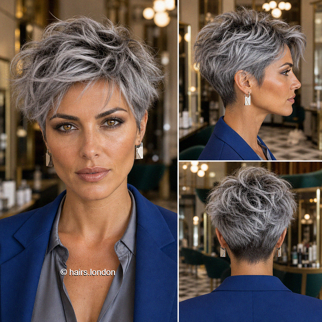 68 Modern Pixie Cut with Bangs for a Face-Framing Effect Smoky Pearl Silver Hair