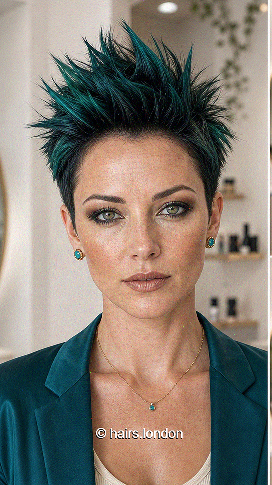 68 Modern Pixie Cut with Bangs for a Face-Framing Effect Midnight Emerald Teal Hair
