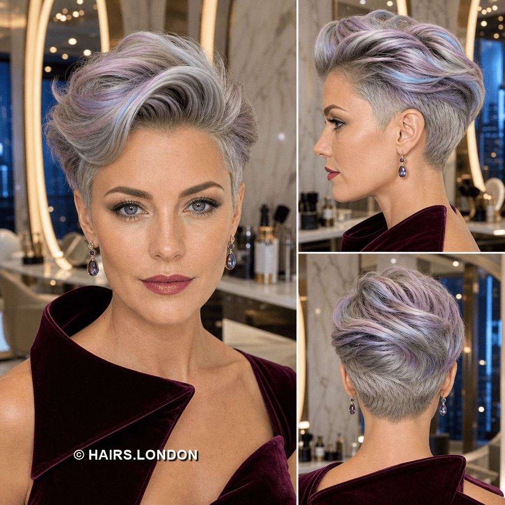 68 Modern Pixie Cut with Bangs for a Face-Framing Effect Pastel Opal Silver Hair