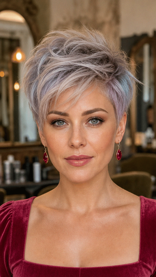 68 Modern Pixie Cut with Bangs for a Face-Framing Effect Frosted Lavender Silver Hair