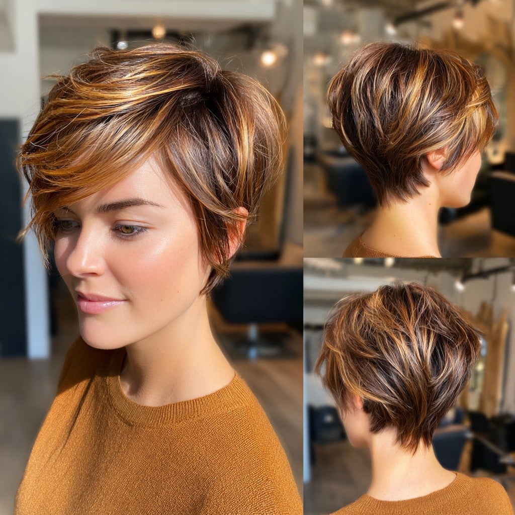 Brunette Pixie with Caramel Highlights Hair