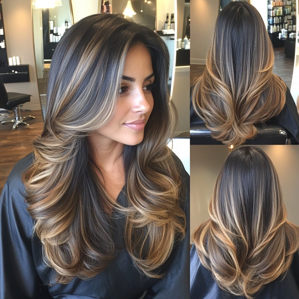 Caramel Blonde Partial Highlights on Dark Brown Hair