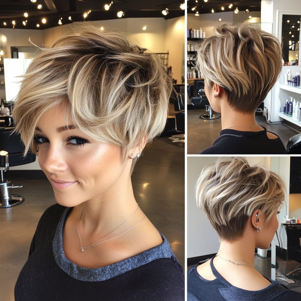 Dimensional Blonde Pixie with Dark Root Contrast
