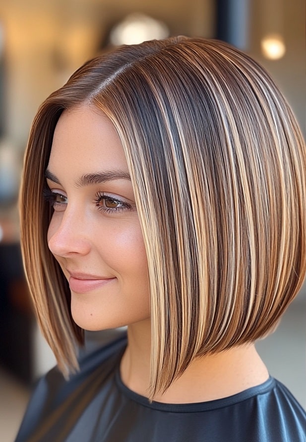 Golden Honey Balayage on a Sleek Blunt Bob