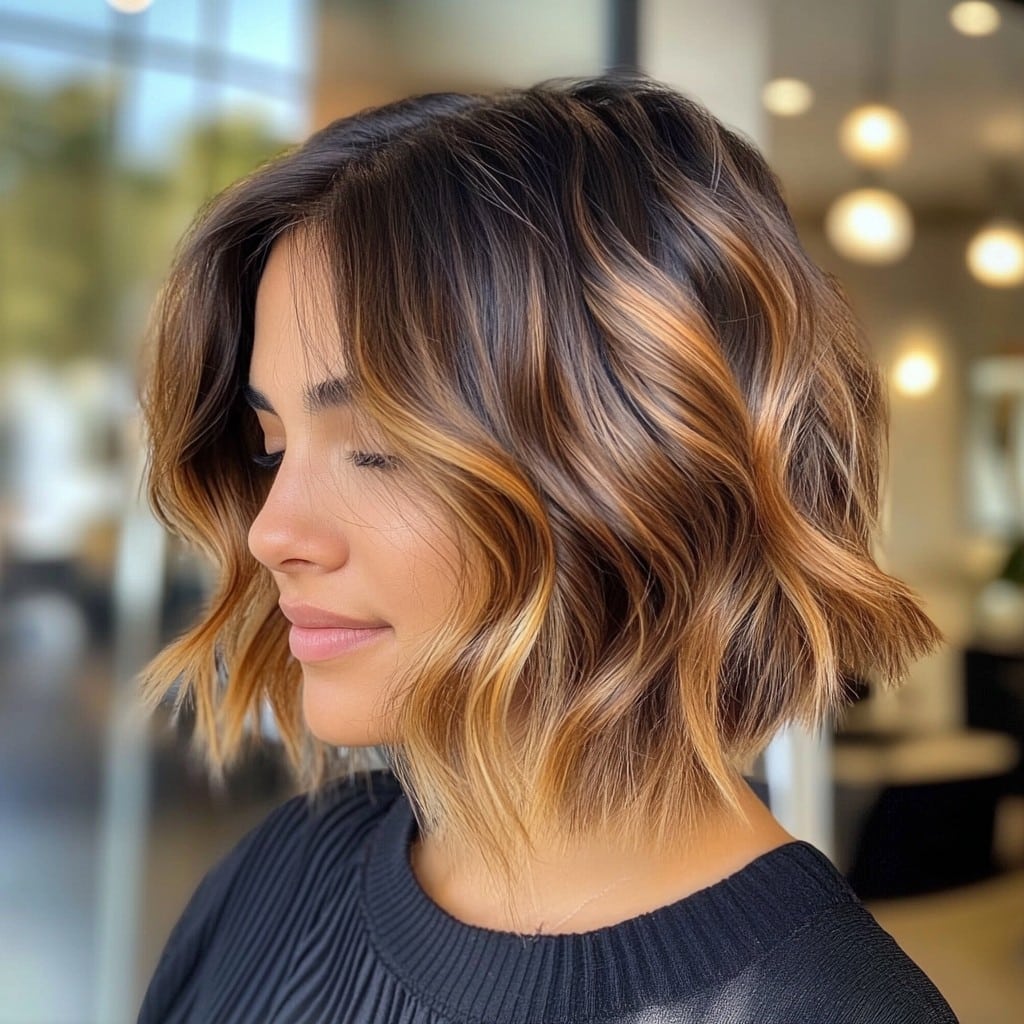 Textured Choppy Bob with Golden Caramel Balayage