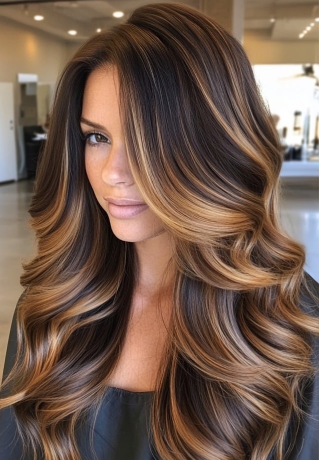 Warm Caramel Balayage on Dark Brunette Hair