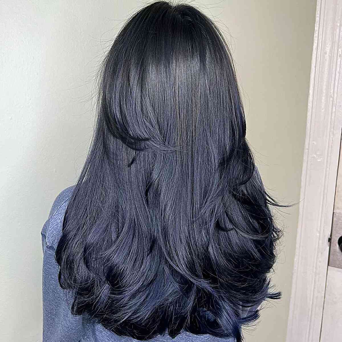 Long-Length Black Hair with Soft Dark Blue Tint