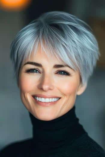 Piecey Silver Pixie Haircut on a smiling woman with cool-toned silver hair.