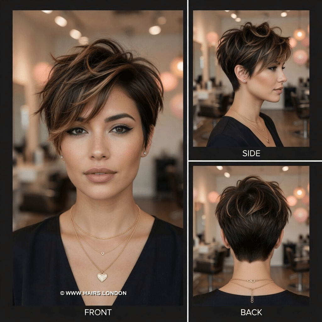 Golden Caramel Highlighted Brunette Pixie Hair
