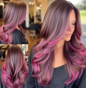 Chocolate Brown with Fuchsia Highlights Hair