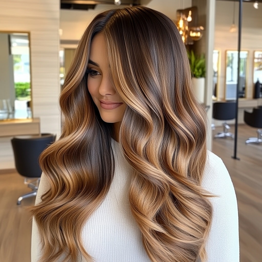 Glossy Caramel Brown Balayage on Long Waves