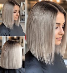 Icy Blonde Bob with Dark Roots Hair