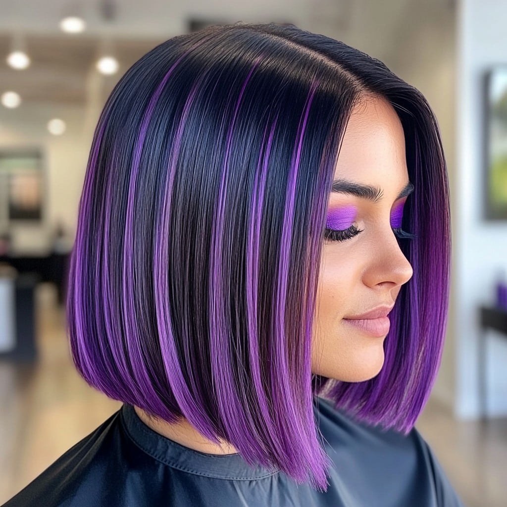 Sleek Black Bob with Bold Purple Highlights
