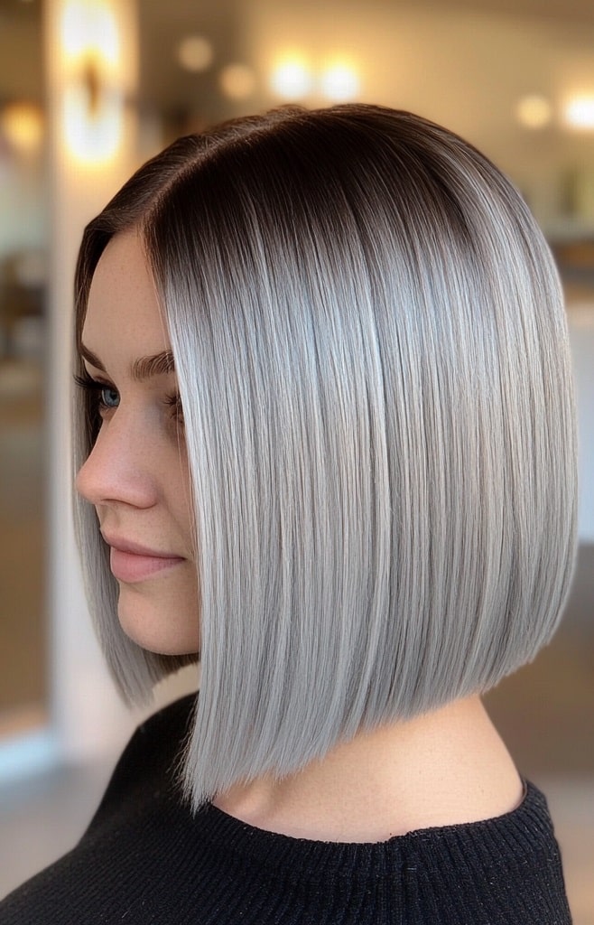 Sleek Silver Ombre Bob with Dark Roots