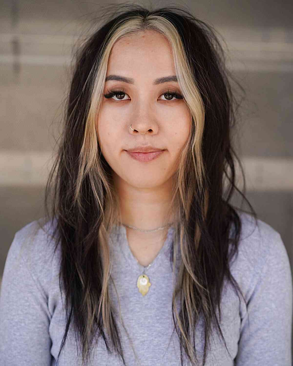 Modern Shag with a Money Piece for women with longer fine hair