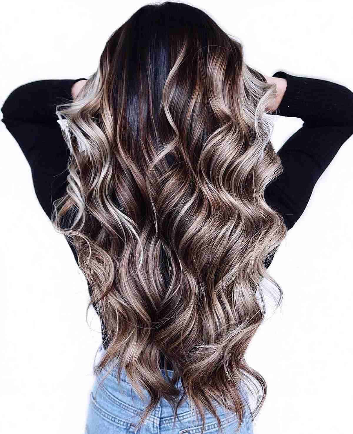 Rich Brunette Balayage with Cool Blonde Accents