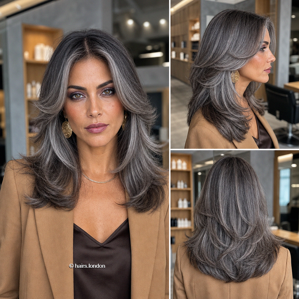 28 Beautiful Hair Colors to Compliment Brown Skin in 2026 Smoky Graphite Silver Hair