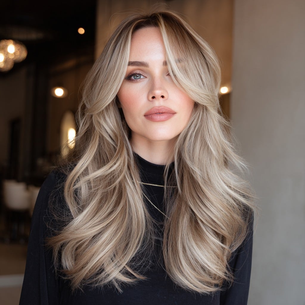 Ash Blonde Balayage with Long Layers and Curtain Bangs