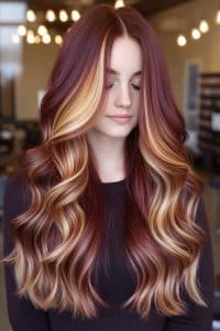 Burgundy with Golden Blonde Highlights Hair