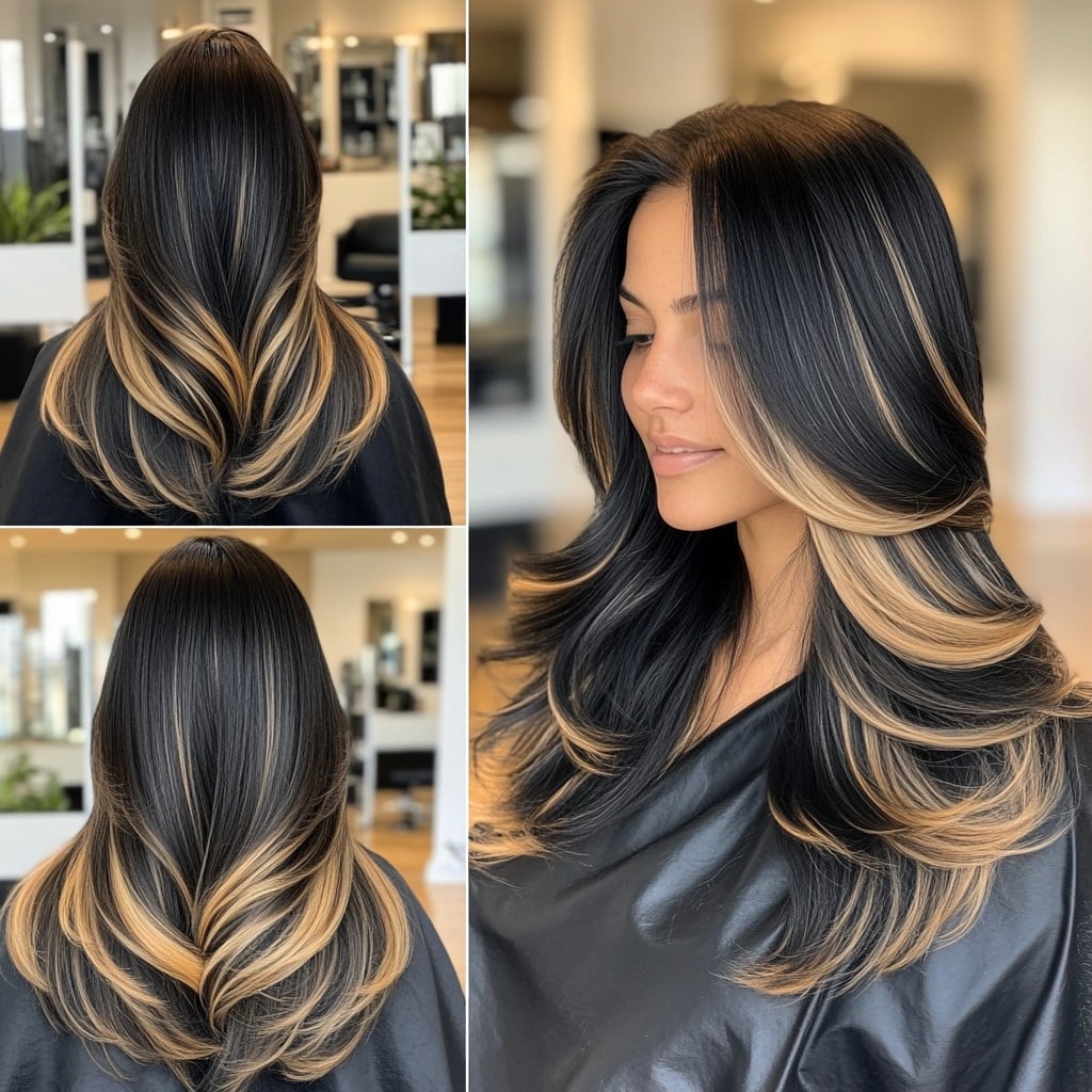 Chunky Blonde Highlights on Jet Black Layers