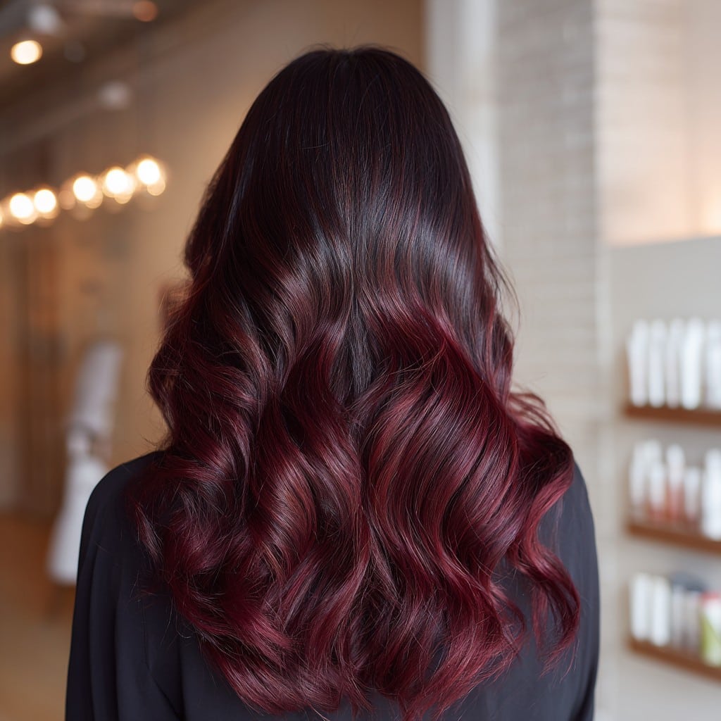 Deep Burgundy Balayage with Soft Waves