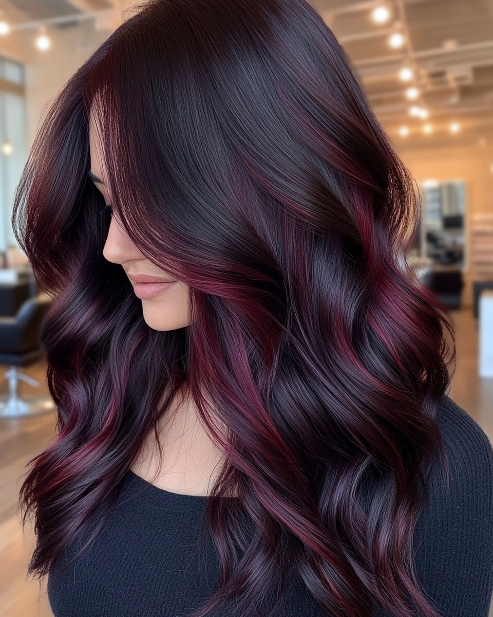 Glossy Merlot Balayage on Black