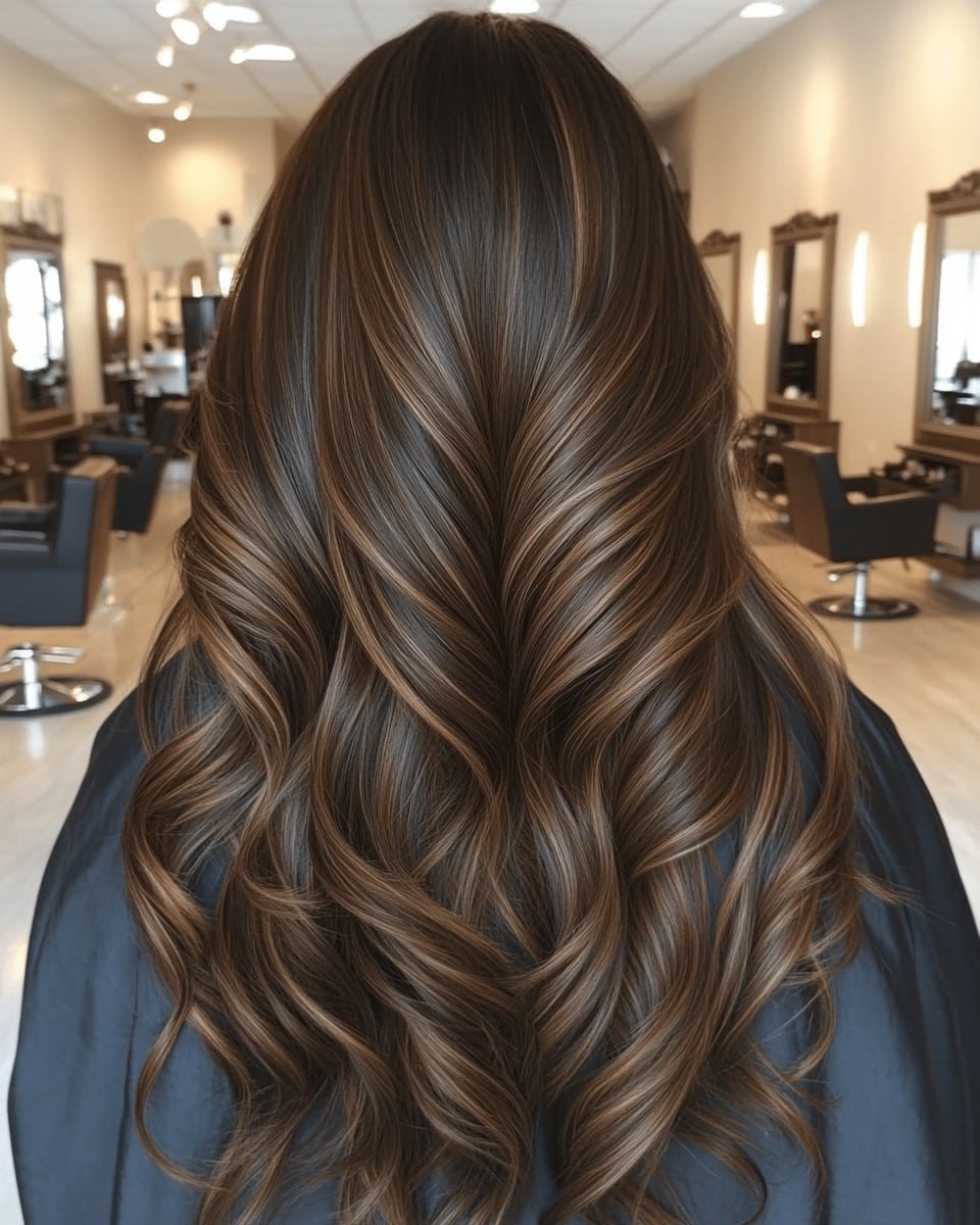 Rich Caramel Balayage on Deep Brunette