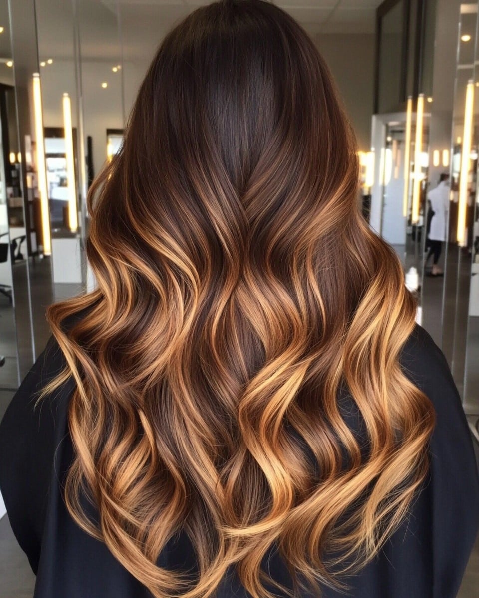 Rich Espresso Brown with Golden Balayage Waves