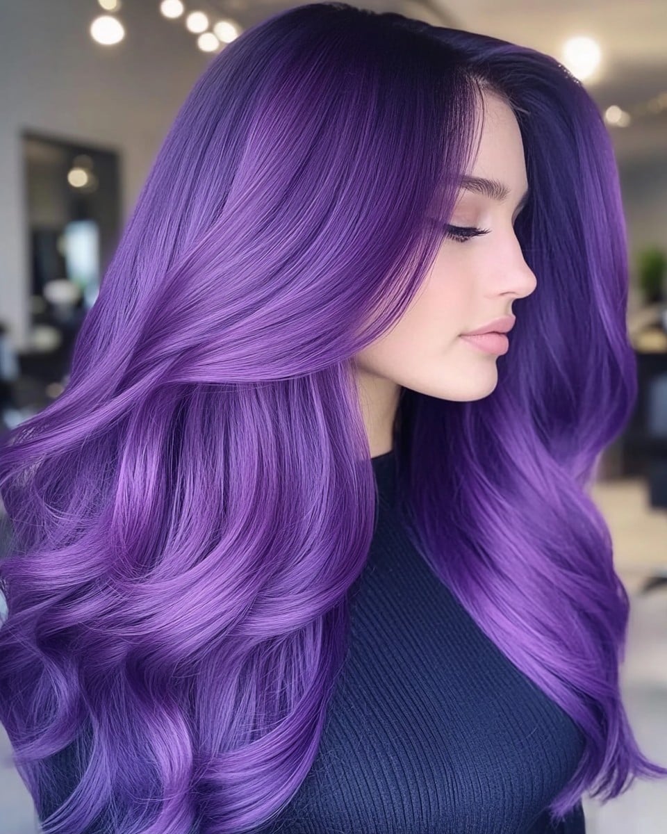 Side-Parted Purple Glam with Subtle Fade