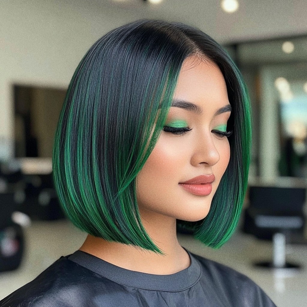 Sleek Black Bob with Emerald Green Highlights