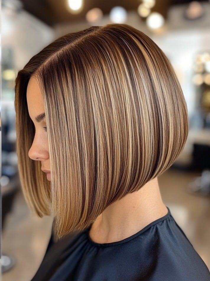 Sleek Inverted Bob with Caramel Blonde Highlights