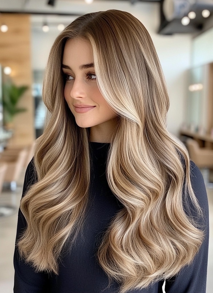 Soft Blonde Balayage on Long Waves