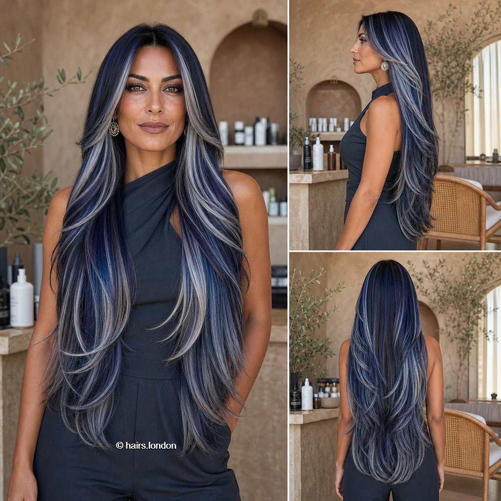 Trendy Calico Hair Color Ideas for 2026 Midnight Sapphire Silver Hair