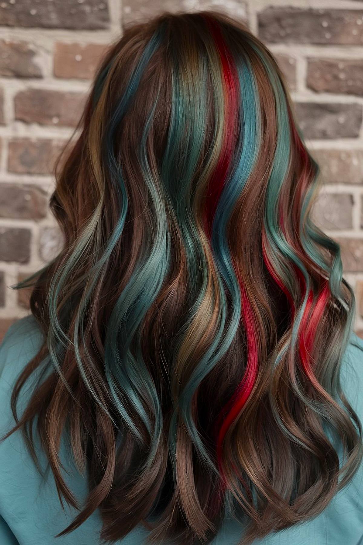 Christmas hair color idea with brunette waves, teal, red, and gold highlights