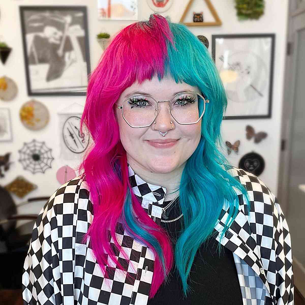 Half Teal, Half Pink Shag Hair Color Idea for women who wear eyeglasses